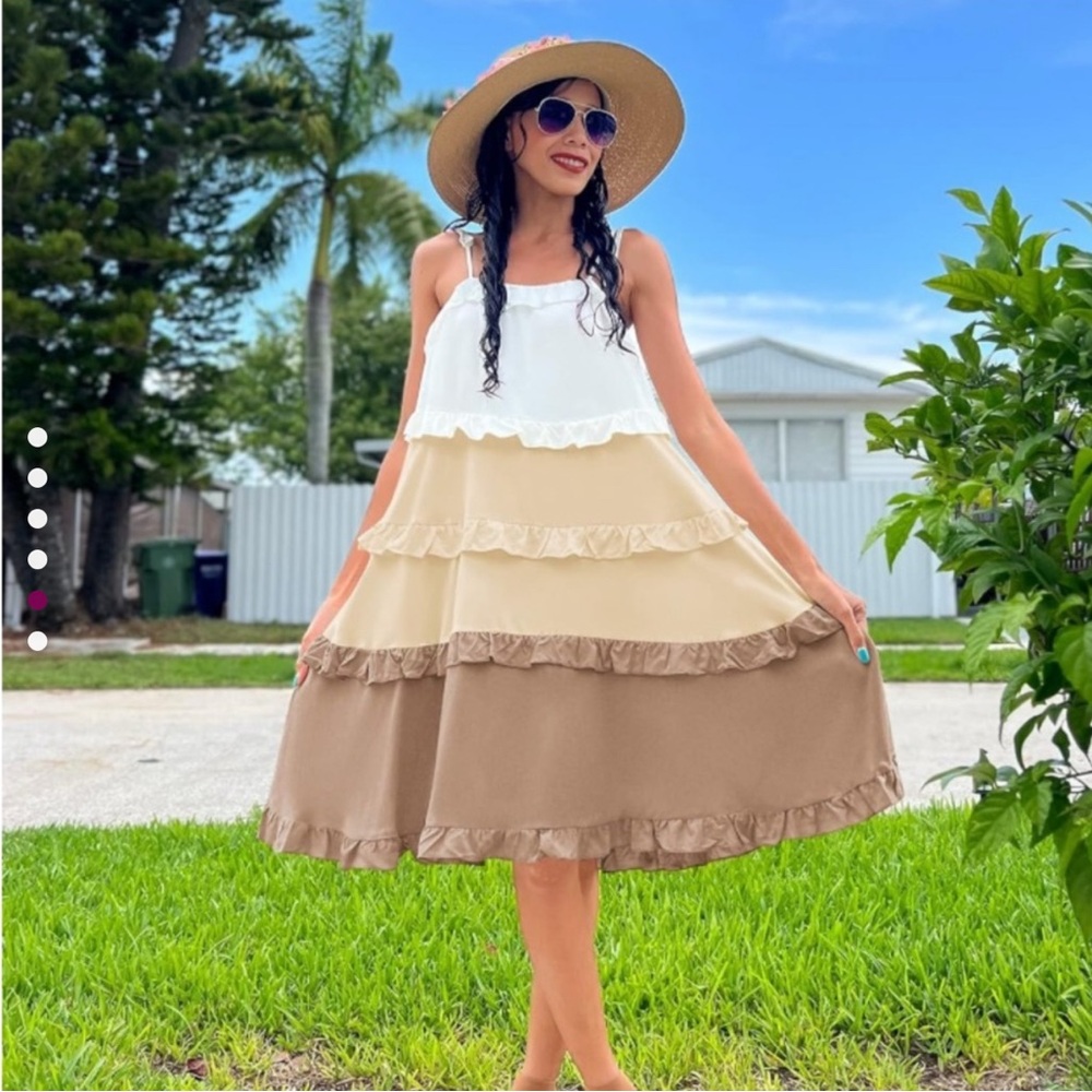 Stylish Tiered Dress in White, Tan, and Brown